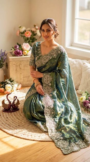 NEW ARRIVAL SOFT TWO TONE SPACE SILK SEQUENCE AND ZARI EMBROIDERY WORK SAREE WITH STITCHED BLOUSE GREEN