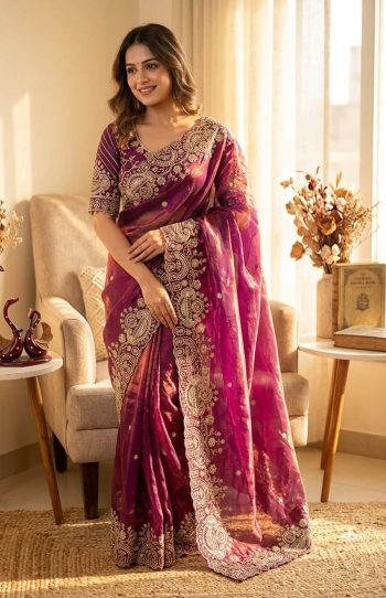 NEW ARRIVAL SOFT TWO TONE SPACE SILK SEQUENCE AND ZARI EMBROIDERY WORK SAREE WITH STITCHED BLOUSE WINE