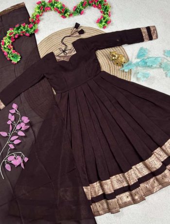 NEW ARRIVAL VICHITRA SILK ZARIBROCADE BORDER WORK GOWN WITH DUPATTA BROWN