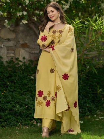 RICH LOOK CHANDERI SILK EMBROIDERY WORK TOP BOTTOM WITH DUPATTA YELLOW