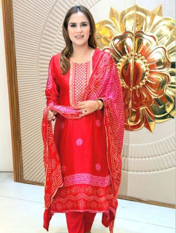 RICH LOOK CHINON DIGITAL PRINT & EMBROIDERY , SEQUENCE WORK TOP BOTTOM WITH DUPATTA RED