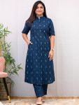 RICH LOOK COTTON BLEND PRINTED WORK KURTI BOTTOM SET BLUE