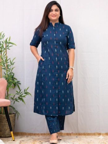 RICH LOOK COTTON BLEND PRINTED WORK KURTI BOTTOM SET BLUE