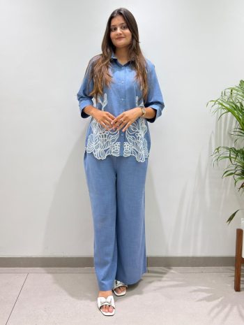 RICH LOOK COTTON DENIM EMBROIDERY WORK CO-ORD SET LIGHT BLUE