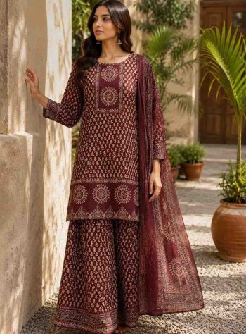 RICH LOOK COTTON DIGITAL PRINT WITH HANDWORK TOP SHARARA WITH DUPATTA MAROON