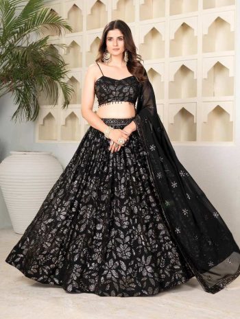 RICH LOOK FAUX BLOOMING EMBROIDERED 2 MM SEQUENCE 5 MM BLACK SEQUENCE WORK LEHENGA CHOLI WITH DUPATTA BLACK