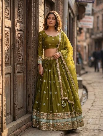 RICH LOOK FENDY SILK EMBROIDERY 5 MM SEQUENCE WORK LEHENGA CHOLI WITH DUPATTA MEHNDI