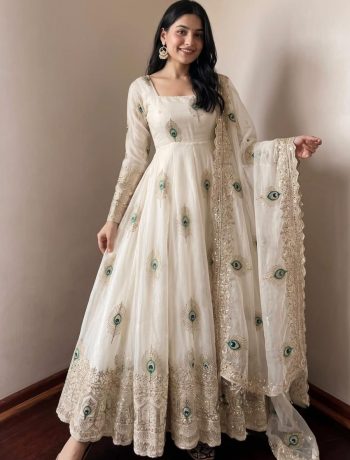 RICH LOOK FENDY SILK EMBROIDERY THREAD & ZARI SEQUENCE WORK GOWN BOTTOM WITH DUPATTA OFF WHITE