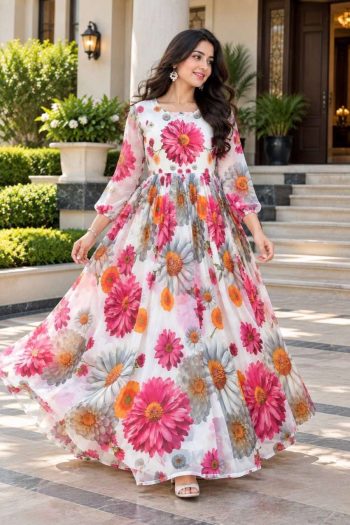 RICH LOOK GEORGETTE FLORAL PRINTED ANARKALI PINK