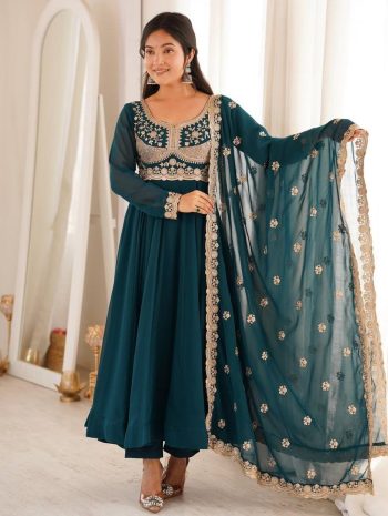 RICH LOOK GEORGETTE SEQUENCE  EMBROIDERY WORK GOWN BOTTOM WITH DUPATTA TEAL