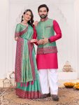 RICH LOOK JACQUARD SILK WEAVING WORK COUPLE  WEAR SET GREEN