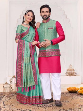 RICH LOOK JACQUARD SILK WEAVING WORK COUPLE  WEAR SET GREEN