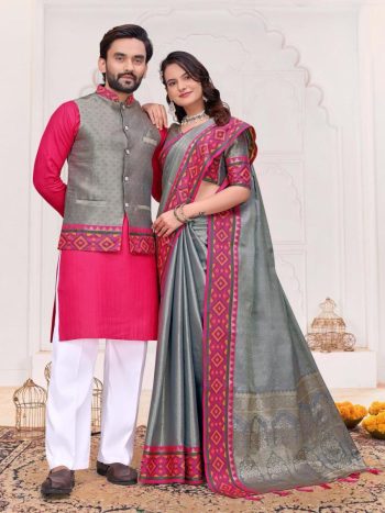 RICH LOOK JACQUARD SILK WEAVING WORK COUPLE  WEAR SET GREY
