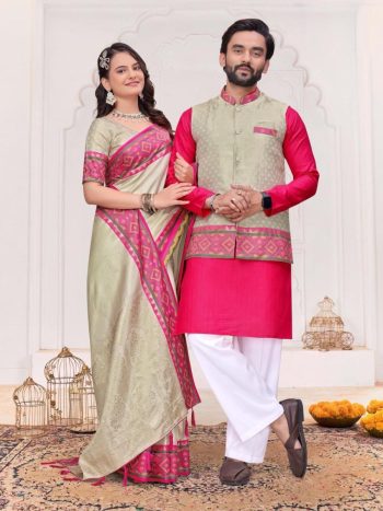 RICH LOOK JACQUARD SILK WEAVING WORK COUPLE  WEAR SET CREAM