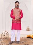 RICH LOOK  JACQUARD SILK WEAVING WORK KURTA PAYJAMA WITH JACKET  PINK AND PEACH