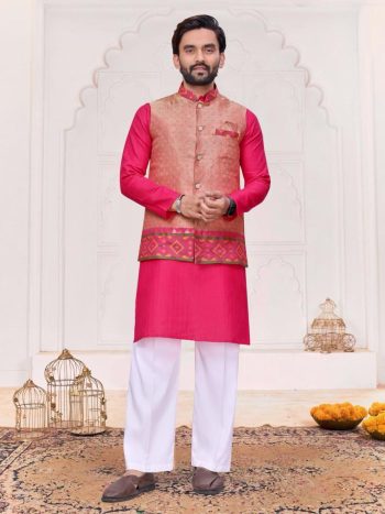 RICH LOOK  JACQUARD SILK WEAVING WORK KURTA PAYJAMA WITH JACKET  PINK AND PEACH