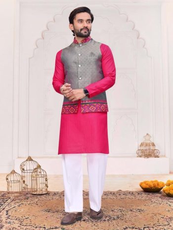 RICH LOOK  JACQUARD SILK WEAVING WORK KURTA PAYJAMA   PINK AND WITH JACKET GREY