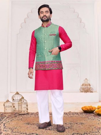 RICH LOOK  JACQUARD SILK WEAVING WORK KURTA PAYJAMA   PINK AND WITH JACKET  GREEN