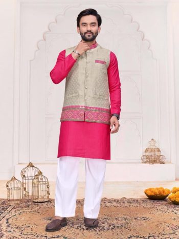 RICH LOOK  JACQUARD SILK WEAVING WORK KURTA PAYJAMA   PINK AND WITH JACKET CREAM