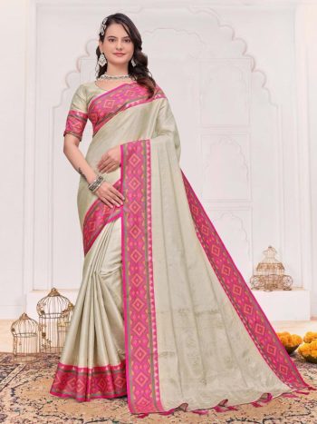 RICH LOOK  JACQUARD SILK WEAVING WORK SAREE WITH BLOUSE CREAM