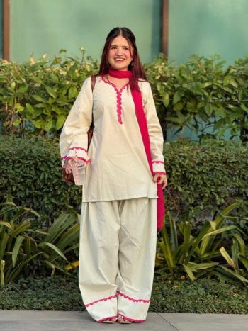 RICH LOOK KHADI COTTON LACE WORK TOP PALAZZO WITH DUPATTA OFF WHITE AND RED