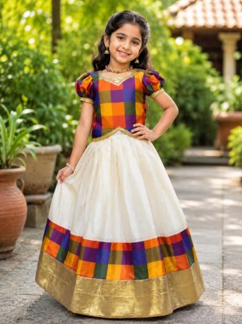 RICH LOOK LICHI SILK PRINTED BORDER & RICH GOLD PATTA WORK KID'S LEHENGA CHOLI SET OFF WHITE AND MULTI