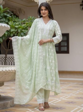 RICH LOOK MUL COTTON LUCKNOWI WORK GOWN BOTTOM WITH DUPATTA SEA GREEN