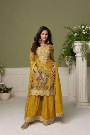 RICH LOOK PREMIUM CHINON PRINTED AND  EMBROIDERY WORK TOP PALAZZO WITH DUPATTA PISTA
