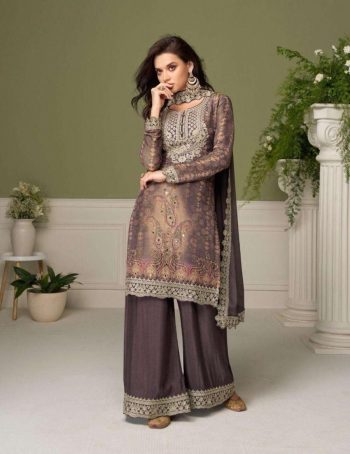 RICH LOOK PREMIUM CHINON PRINTED AND  EMBROIDERY WORK TOP PALAZZO WITH DUPATTA BROWN