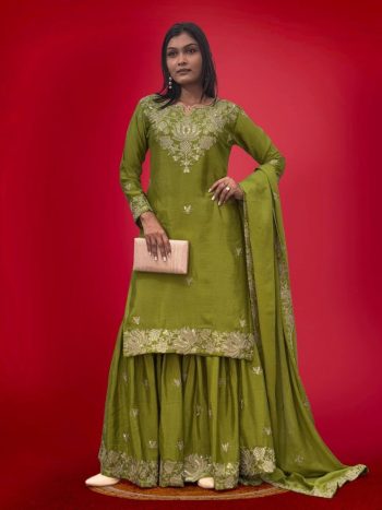 RICH LOOK PURE CHINON SILK  ATTRACTIVE EMBROIDERY CODING AND SEQUENCE WORK TOP SHARARA WITH DUPATTA  PARROT GREEN
