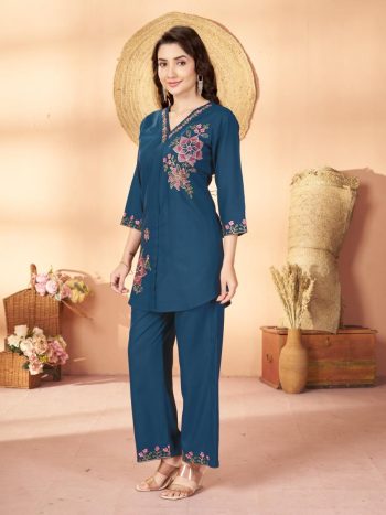 RICH LOOK RAYON MULTI EMBROIDERY THREAD WORK CO-ORD SET TEAL