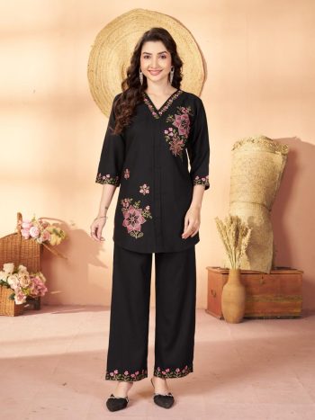 RICH LOOK RAYON MULTI EMBROIDERY THREAD WORK CO-ORD SET BLACK