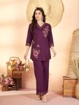RICH LOOK RAYON MULTI EMBROIDERY THREAD WORK CO-ORD SET WINE