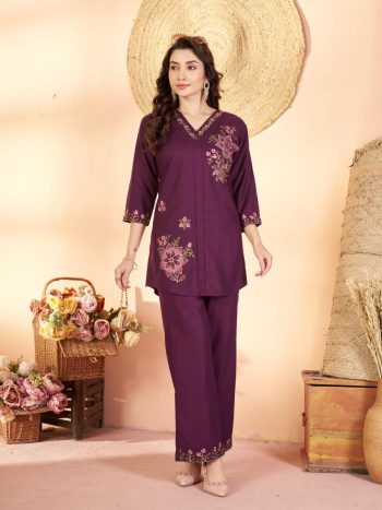 RICH LOOK RAYON MULTI EMBROIDERY THREAD WORK CO-ORD SET WINE