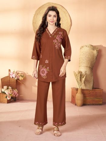 RICH LOOK RAYON MULTI EMBROIDERY THREAD WORK CO-ORD SET ORANGE