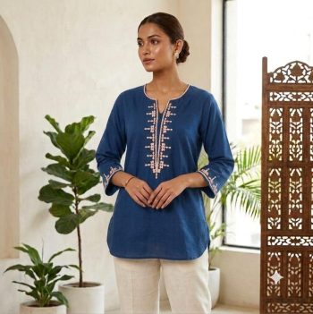 RICH LOOK VATICAN EMBROIDERY  WROK SHORT KURTI BLUE