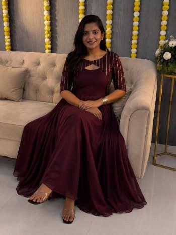 RICH LOOK VICHITRA SILK HEAVY PLAIN GOWN WITH BEADS WORK KOTI MAROON