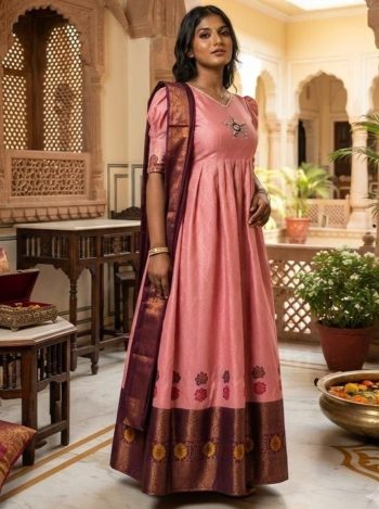 TRADITIONAL BANARASI SILK JACQUARD WEAVING ZARI WITH MIRROR WORK GOWN WITH DUPATTA PINK