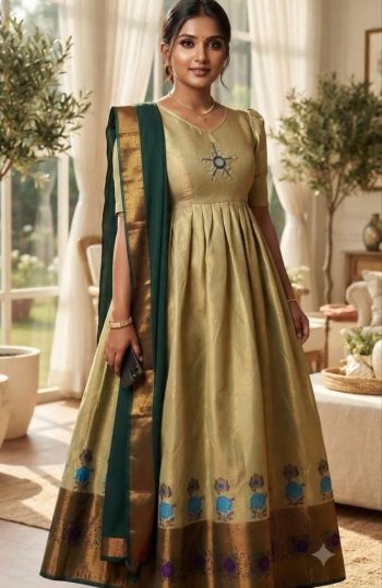 TRADITIONAL BANARASI SILK JACQUARD WEAVING ZARI WITH MIRROR WORK GOWN WITH DUPATTA GODL AND GREEN