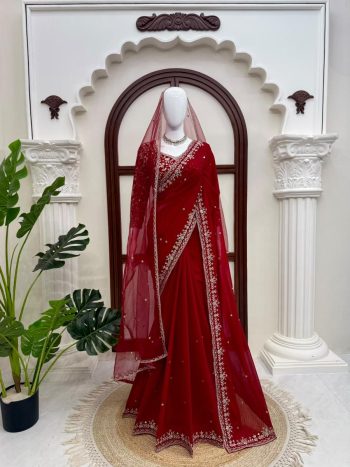 TRADITIONAL GEORGETTE THREAD WITH SEQUENCE WORK SAREE WITH UNSTITCHED BLOUSE AND DUPATTA MAROON