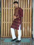 TRADITIONAL SILK WOVEN ELEPHANT & FLORAL MOTIF WORK MEN'S KURTA PAYJAMA WINE