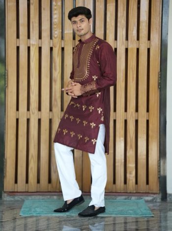 TRADITIONAL SILK WOVEN ELEPHANT & FLORAL MOTIF WORK MEN'S KURTA PAYJAMA WINE