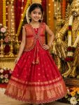 TRADITOIONAL PAITHANI SILK PAITHANI WEAVING WITH SCALLOPED LACE WORK KID'S GOWN WITH KOTI RED