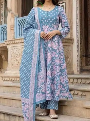 TRENDING COTTON BLEND FOIL PRINT WORK TOP BOTTOM WITH DUPATTA SKY