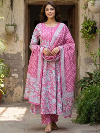 TRENDING COTTON BLEND FOIL PRINT WORK TOP BOTTOM WITH DUPATTA BABY PINK