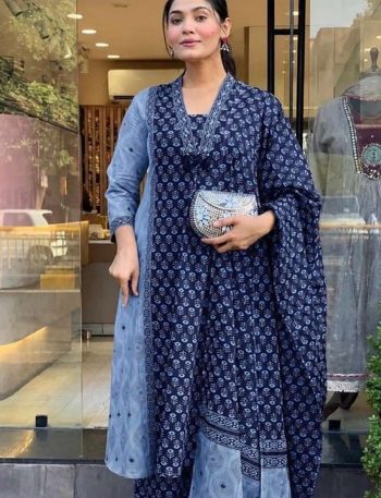 TRENDING COTTON PRINTED TOP BOTTOM WITH DUPATTA BLUE