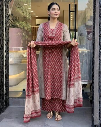 TRENDING COTTON PRINTED TOP BOTTOM WITH DUPATTA MAROON