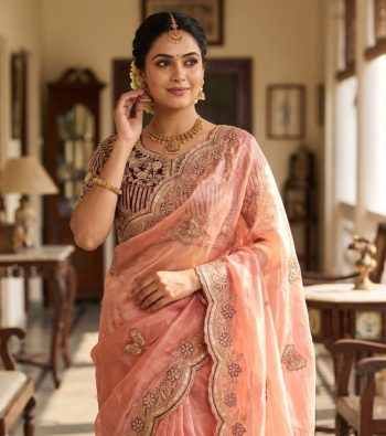 TRENDING FENDY SATIN EMBROIDERY 3 MM SEQUENCE WORK HEAVY BORDER WITH BUTTA SAREE WITH STITCHED BLOUSE PEACH