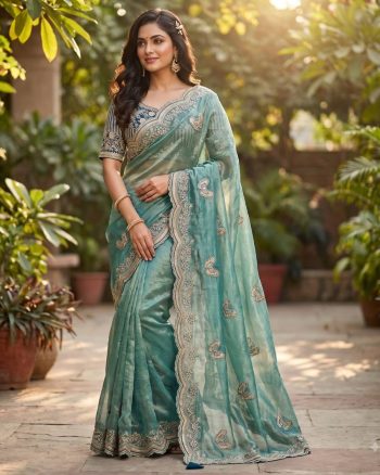 TRENDING FENDY SATIN EMBROIDERY 3 MM SEQUENCE WORK HEAVY BORDER WITH BUTTA SAREE WITH STITCHED BLOUSE SEA GREEN