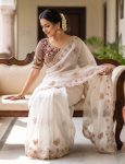 TRENDING FENDY SATIN EMBROIDERY 3 MM SEQUENCE WORK HEAVY BORDER WITH BUTTA SAREE WITH STITCHED BLOUSE WHITE